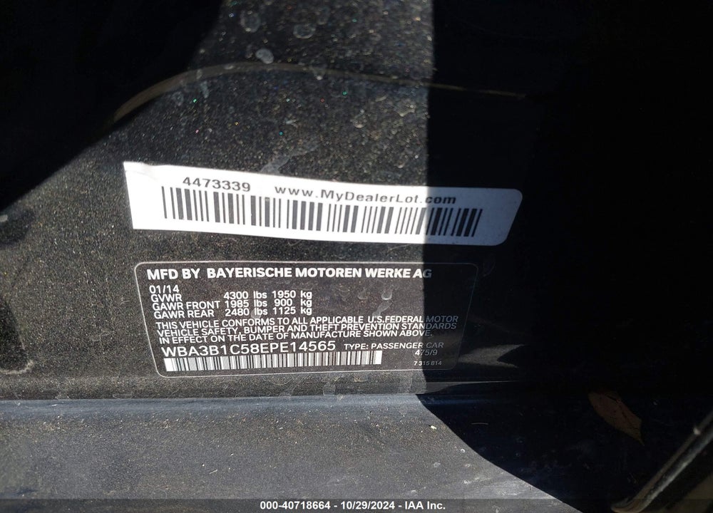 2014 BMW 320I VIN: WBA3B1C58EPE14565