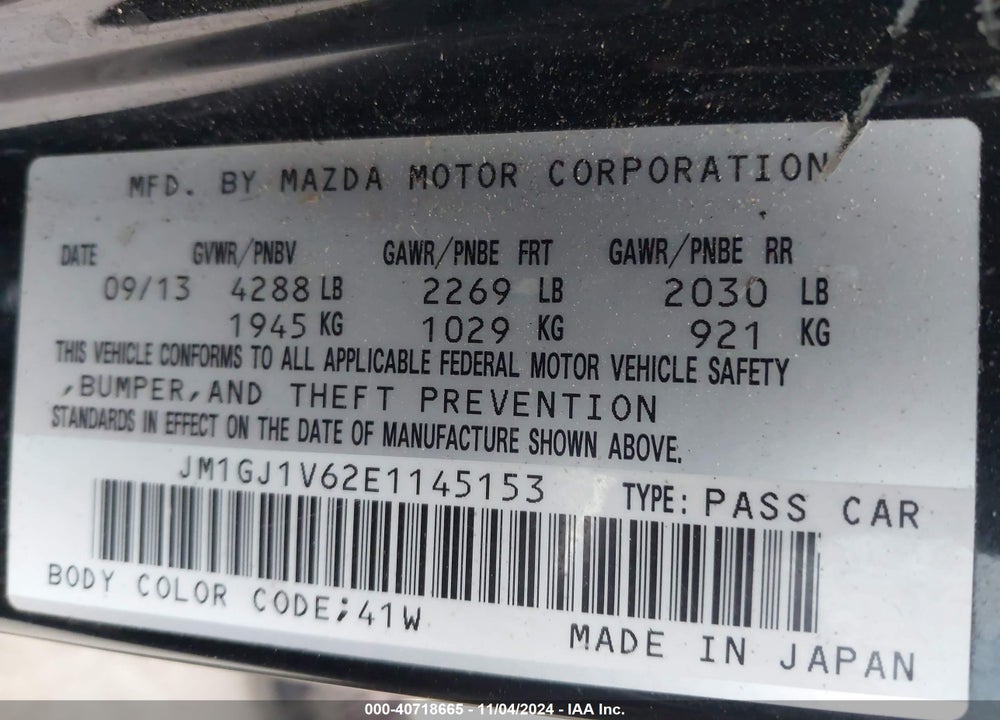 2014 MAZDA 6 I TOURING VIN: JM1GJ1V62E1145153
