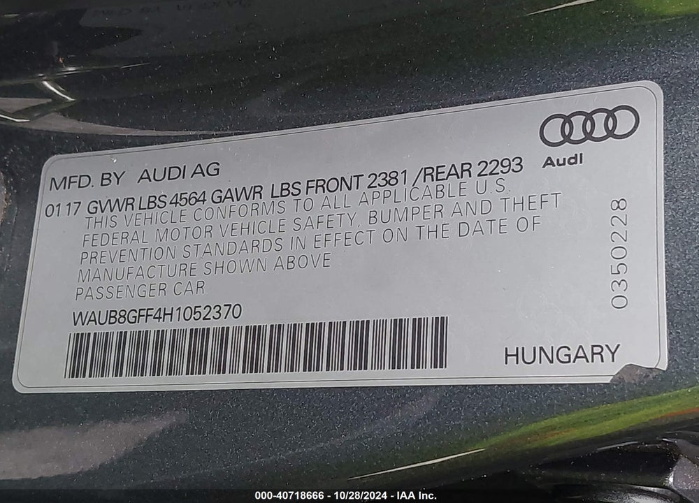 2017 AUDI A3 2.0T PREMIUM VIN: WAUB8GFF4H1052370