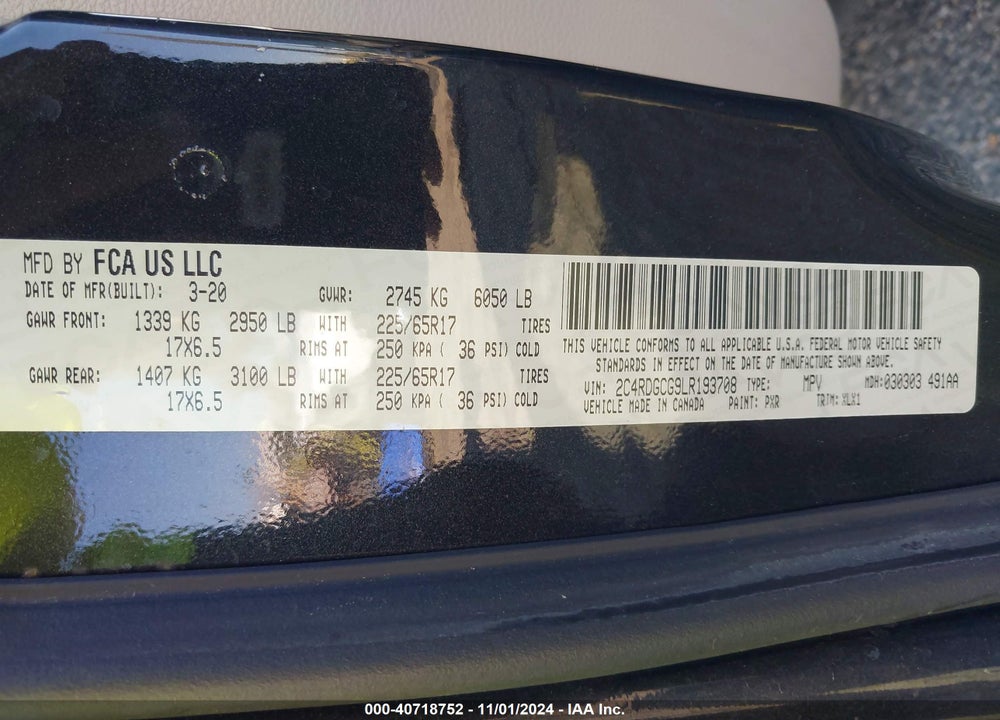 2020 DODGE GRAND CARAVAN SXT VIN: 2C4RDGCG9LR193708