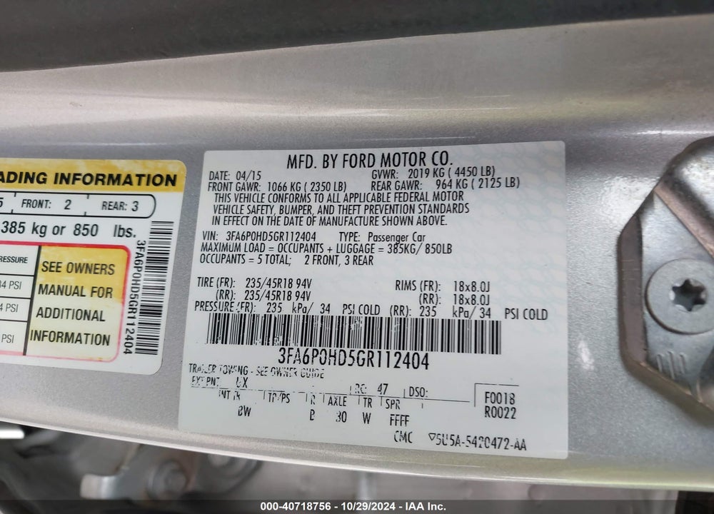 2016 FORD FUSION SE VIN: 3FA6P0HD5GR112404