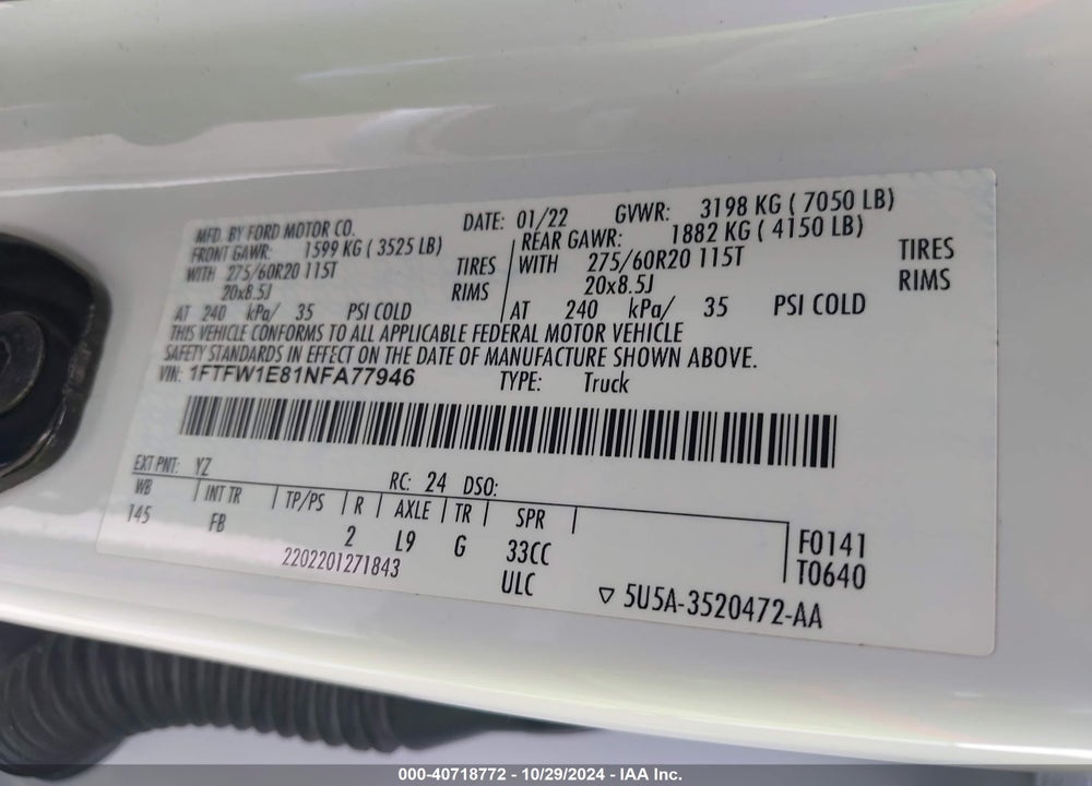 2022 FORD F-150 XLT VIN: 1FTFW1E81NFA77946