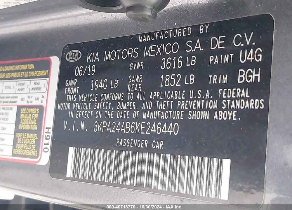 2019 KIA RIO S VIN: 3KPA24AB6KE246440