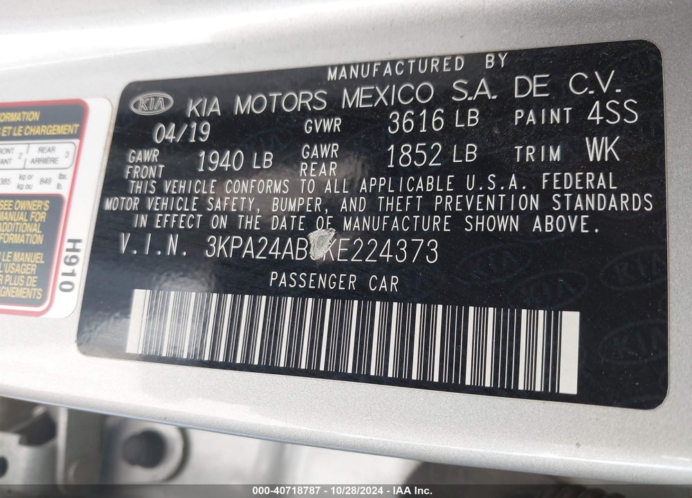 2019 KIA RIO S VIN: 3KPA24AB6KE224373