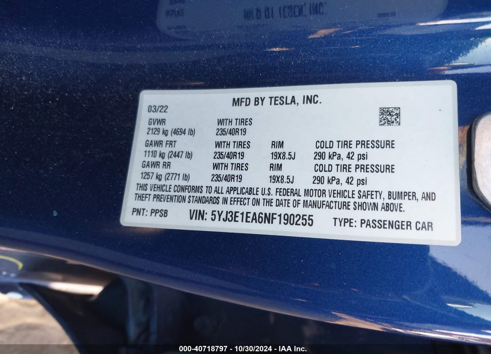 2022 TESLA MODEL 3 VIN: 5YJ3E1EA6NF190255