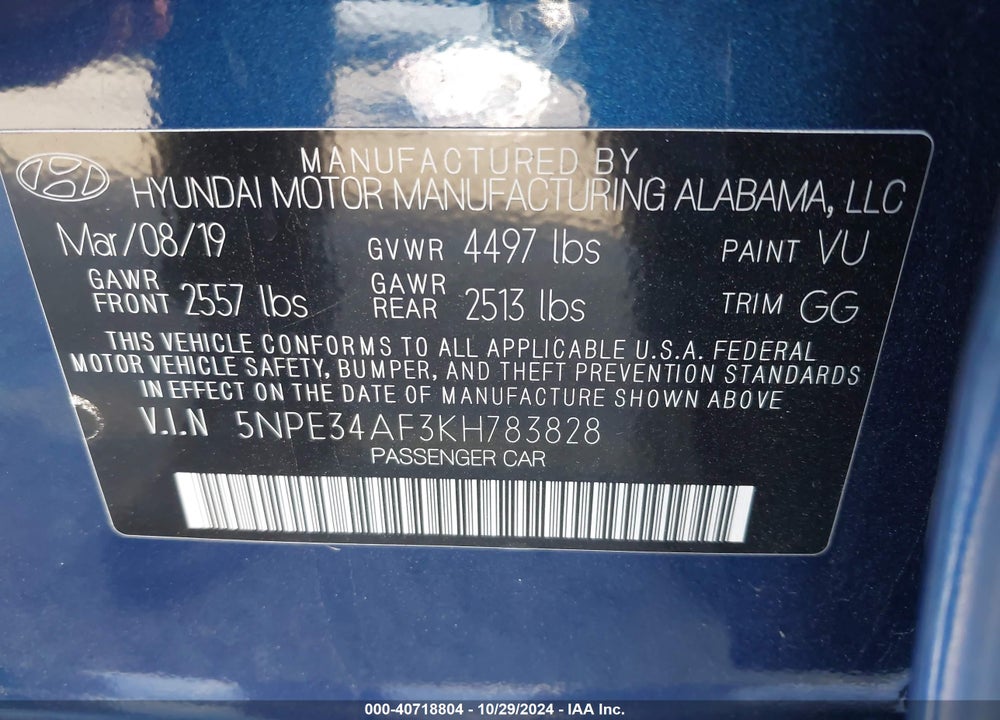 2019 HYUNDAI SONATA SEL VIN: 5NPE34AF3KH783828