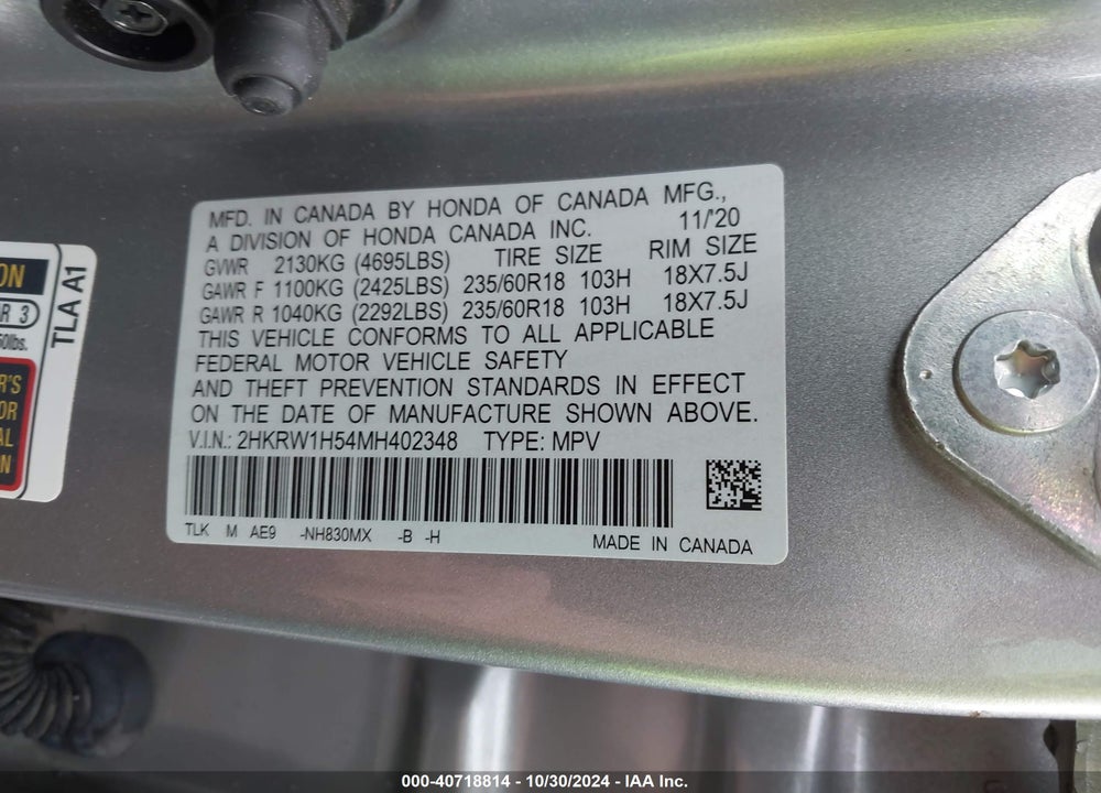 2021 HONDA CR-V 2WD EX VIN: 2HKRW1H54MH402348