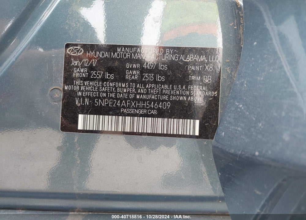 2017 HYUNDAI SONATA VIN: 5NPE24AFXHH546409