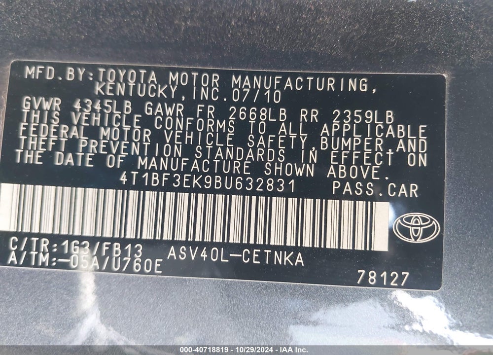 2011 TOYOTA CAMRY LE VIN: 4T1BF3EK9BU632831