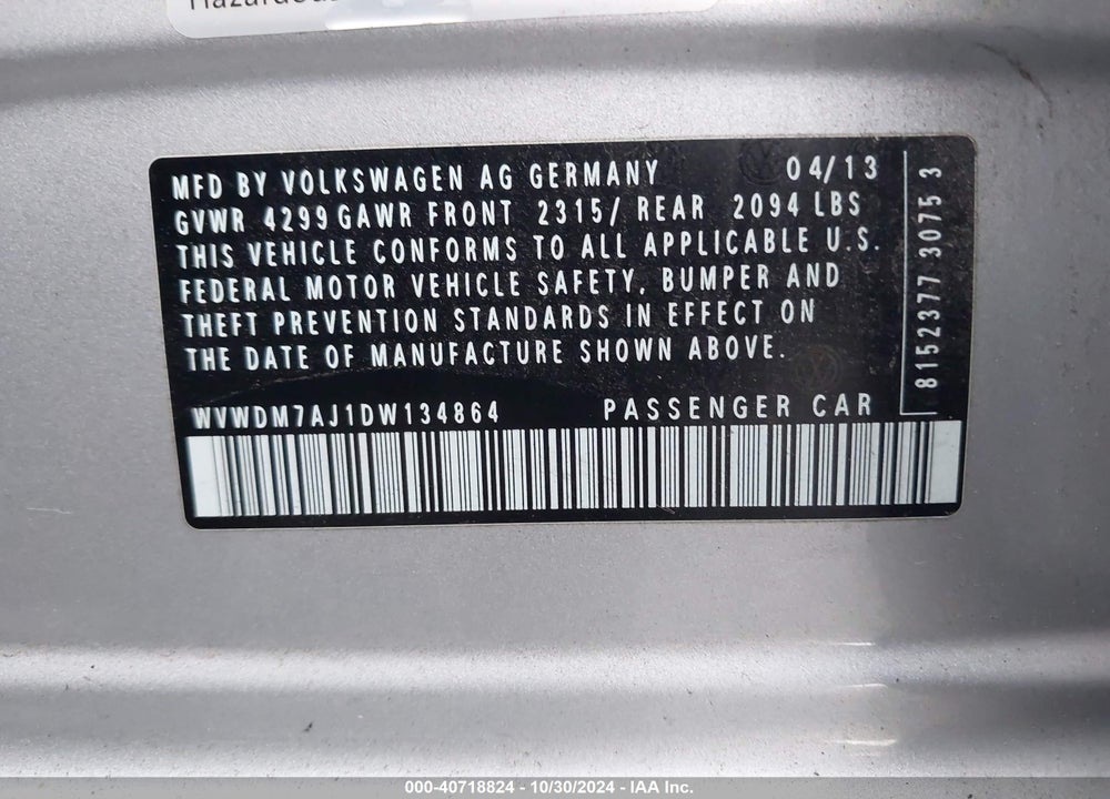 2013 VOLKSWAGEN GOLF 2.0L TDI 4-DOOR VIN: WVWDM7AJ1DW134864