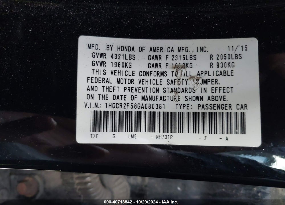 2016 HONDA ACCORD VIN: 1HGCR2F58GA080381