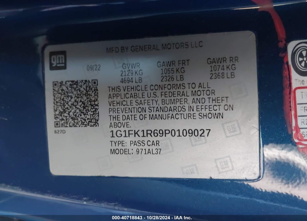 2023 CHEVROLET CAMARO VIN: 1G1FK1R69P0109027