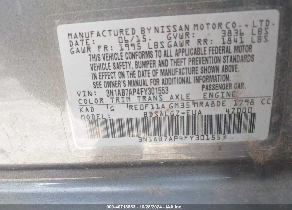 2015 NISSAN SENTRA SL VIN: 3N1AB7AP4FY301553