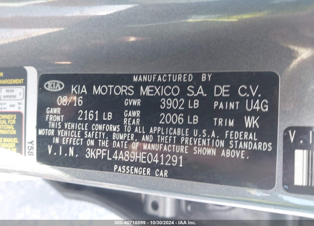 2017 KIA FORTE EX VIN: 3KPFL4A89HE041291