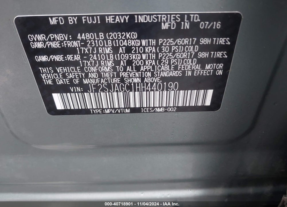 2017 SUBARU FORESTER 2.5I PREMIUM VIN: JF2SJAGC1HH440190