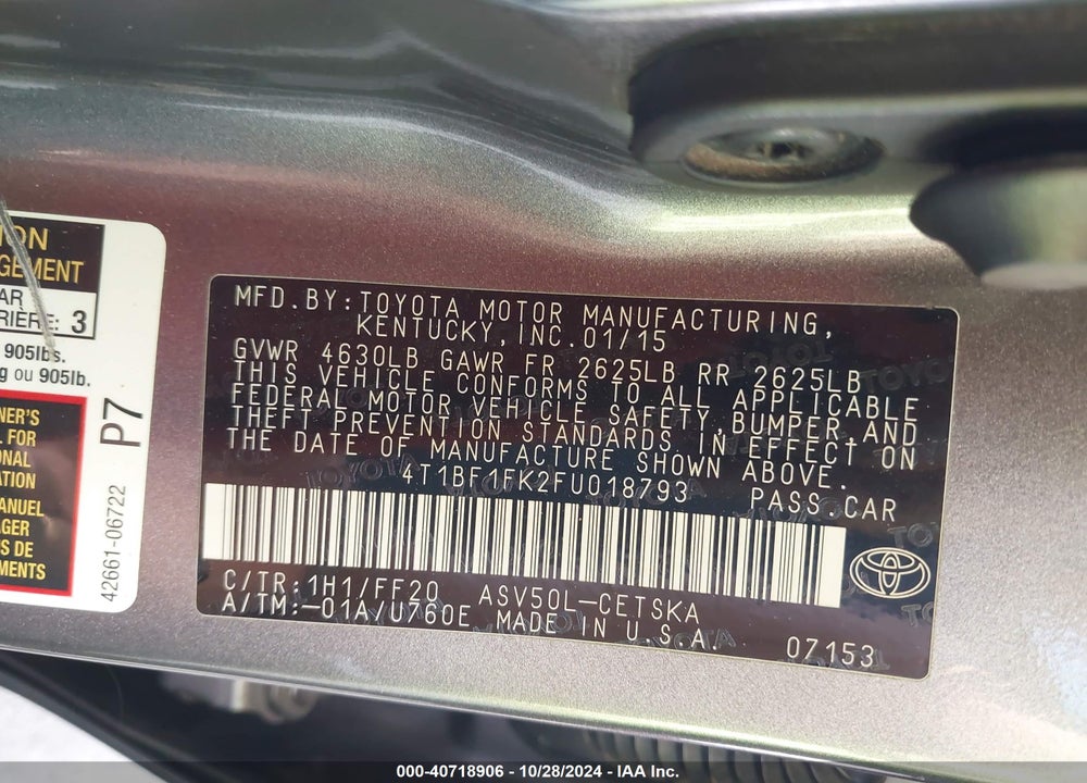 2015 TOYOTA CAMRY SE VIN: 4T1BF1FK2FU018793