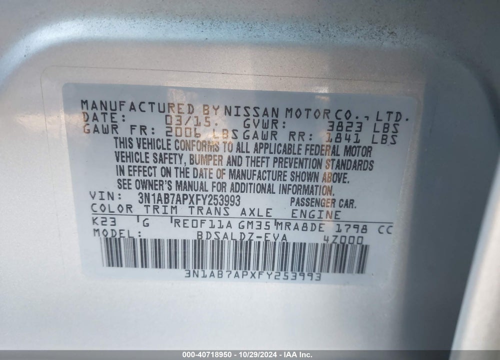 2015 NISSAN SENTRA FE+ S/S/SL/SR/SV VIN: 3N1AB7APXFY253993