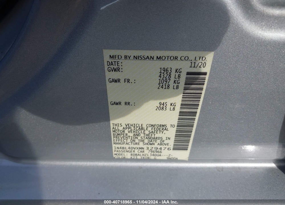 2021 NISSAN ALTIMA SV FWD VIN: 1N4BL4DVXMN329476