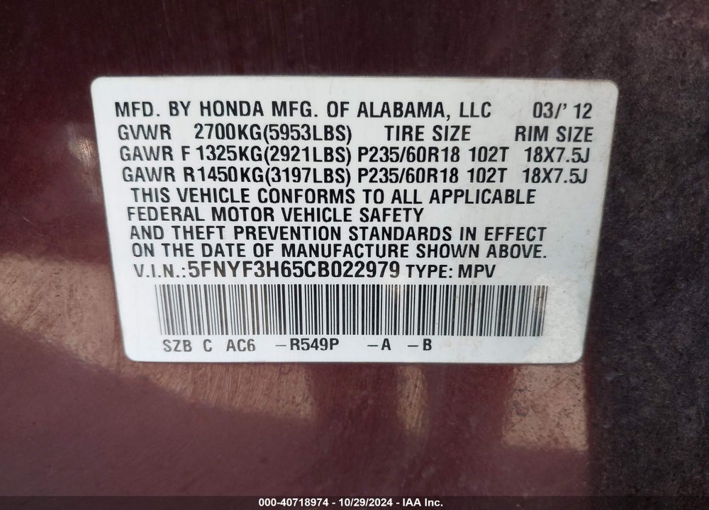 2012 HONDA PILOT EX-L VIN: 5FNYF3H65CB022979