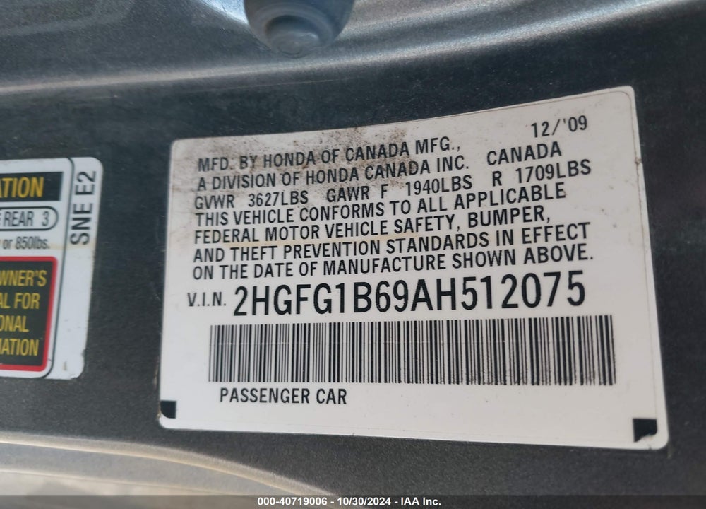 2010 HONDA CIVIC LX VIN: 2HGFG1B69AH512075
