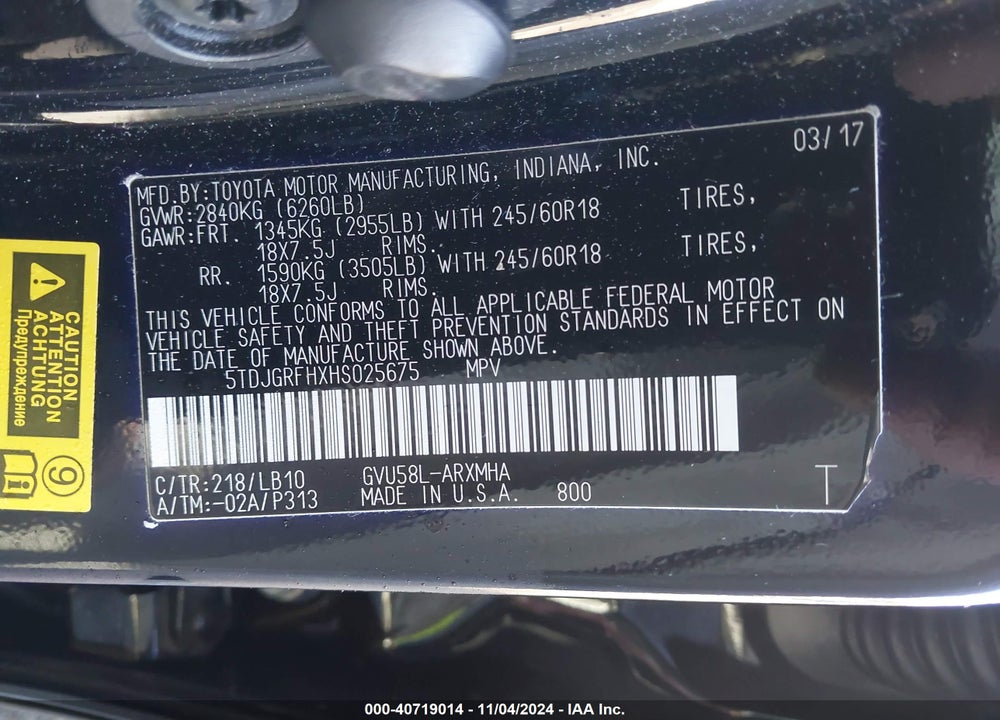 2017 TOYOTA HIGHLANDER HYBRID XLE VIN: 5TDJGRFHXHS025675