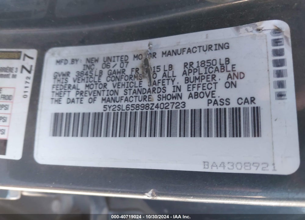 2008 PONTIAC VIBE VIN: 5Y2SL65898Z402723