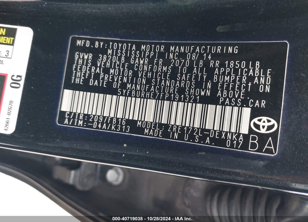 2015 TOYOTA COROLLA L/LE/LE PLS/PRM/S/S PLS VIN: 5YFBURHE7FP191321