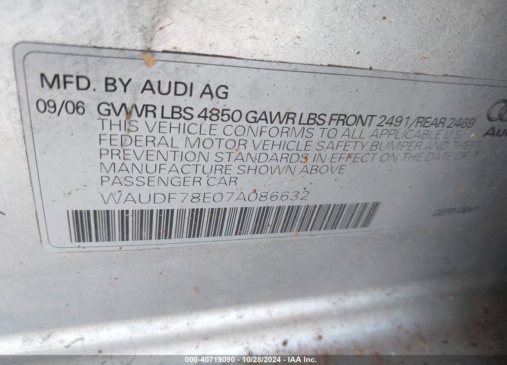 2007 AUDI A4 2.0T QUATTRO VIN: WAUDF78E07A086632