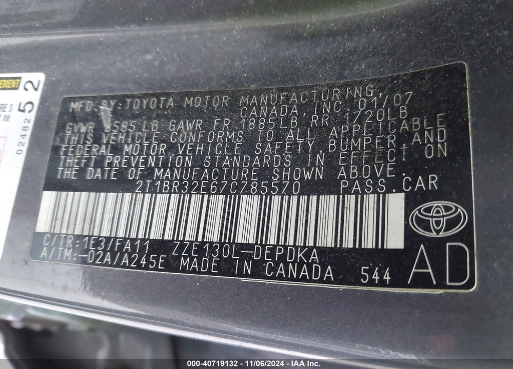 2007 TOYOTA COROLLA CE VIN: 2T1BR32E67C785570