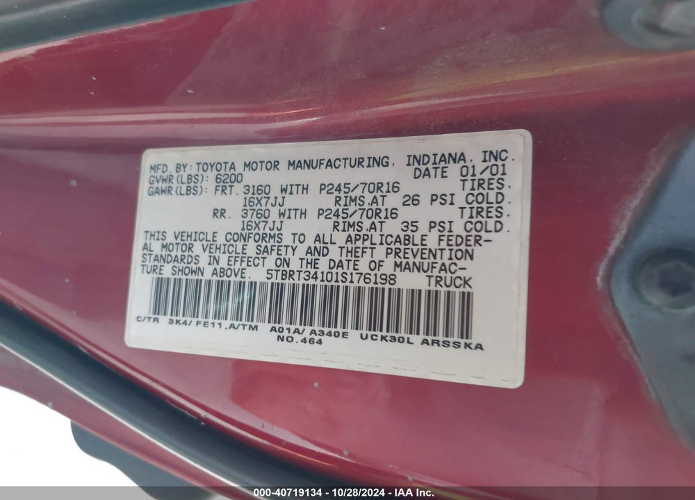 2001 TOYOTA TUNDRA SR5 V8 VIN: 5TBRT34101S176198