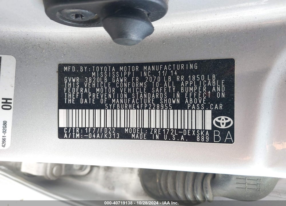 2015 TOYOTA COROLLA L/LE/LE PLS/PRM/S/S PLS VIN: 5YFBURHE4FP228955
