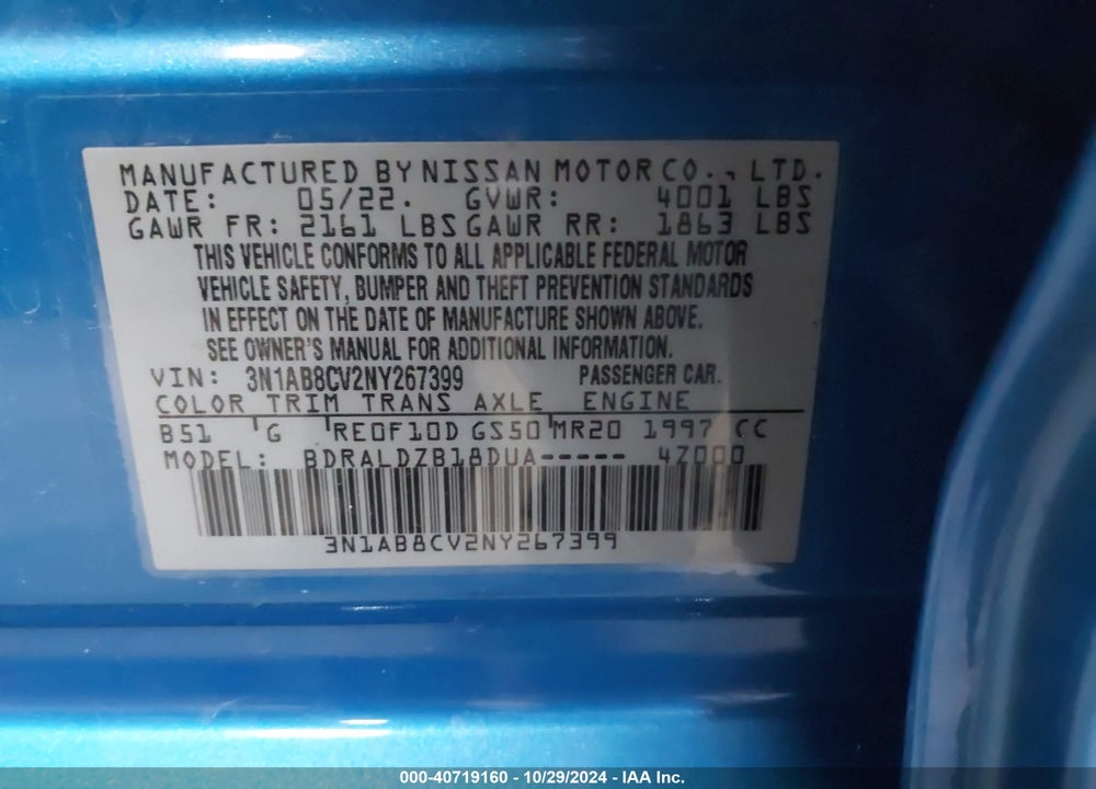 2022 NISSAN SENTRA SV VIN: 3N1AB8CV2NY267399
