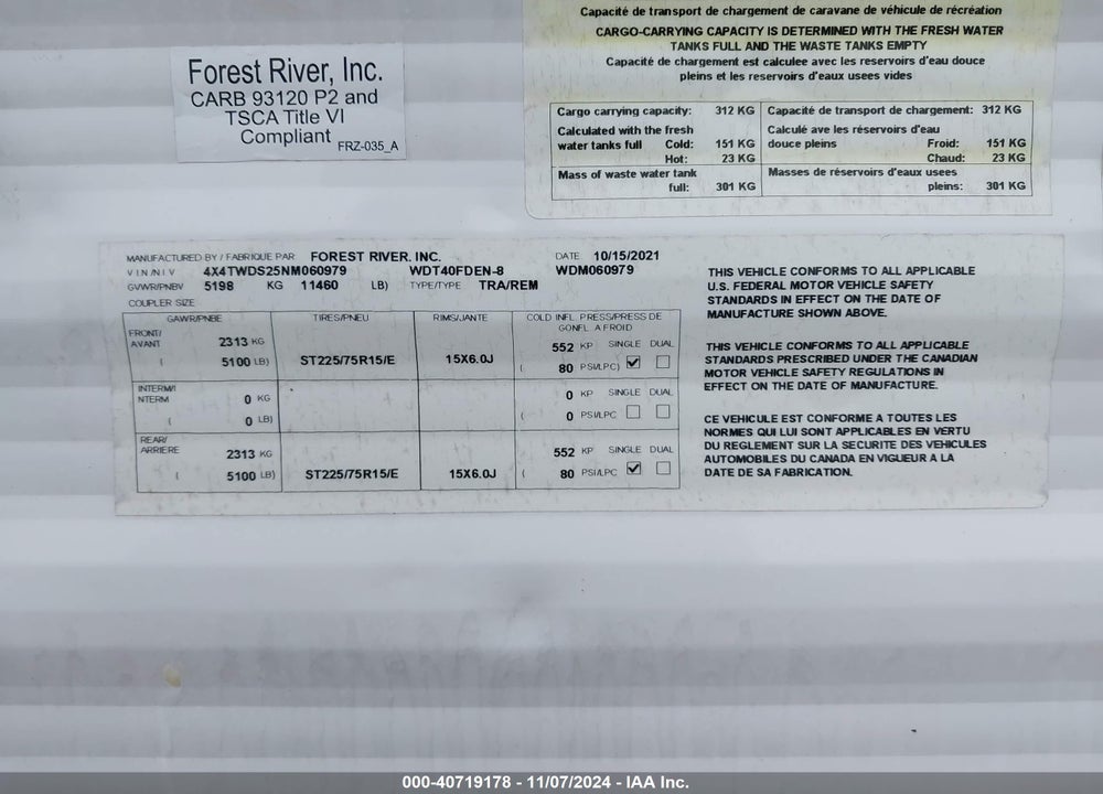 2022 FORE WILDWOOD VIN: 4X4TWDS25NM060979