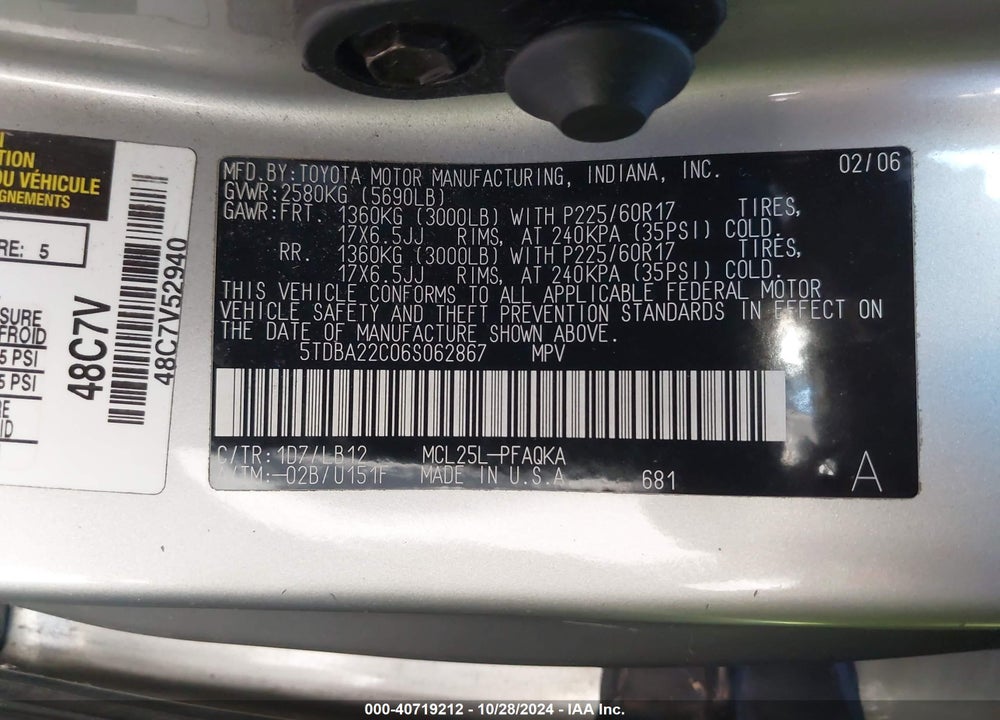 2006 TOYOTA SIENNA XLE LIMITED VIN: 5TDBA22C06S062867