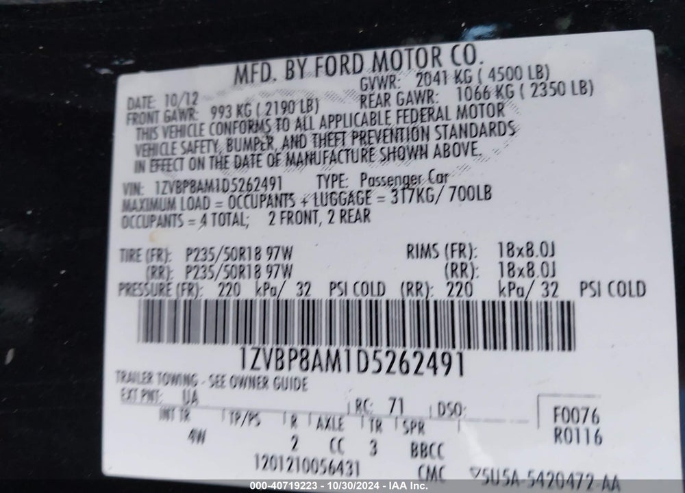 2013 FORD MUSTANG V6 PREMIUM VIN: 1ZVBP8AM1D5262491