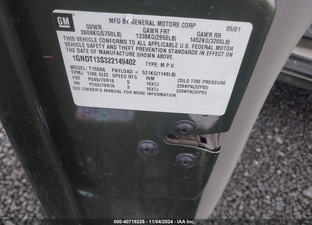 2002 CHEVROLET TRAILBLAZER LS VIN: 1GNDT13S322149402