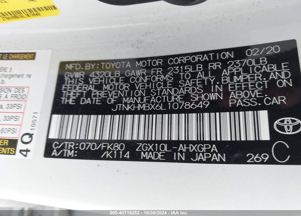2020 TOYOTA C-HR XLE/LE/LIMITED VIN: JTNKHMBX6L1078649