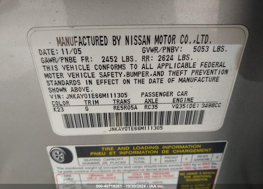 2006 INFINITI M35 VIN: JNKAY01E66M111305