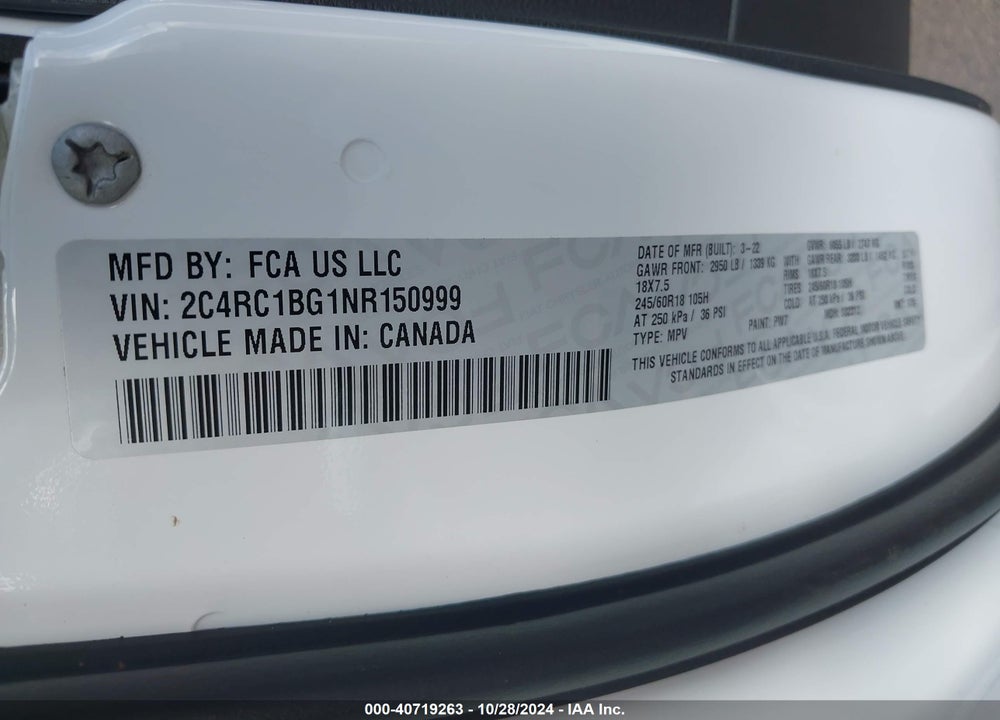 2022 CHRYSLER PACIFICA TOURING L VIN: 2C4RC1BG1NR150999