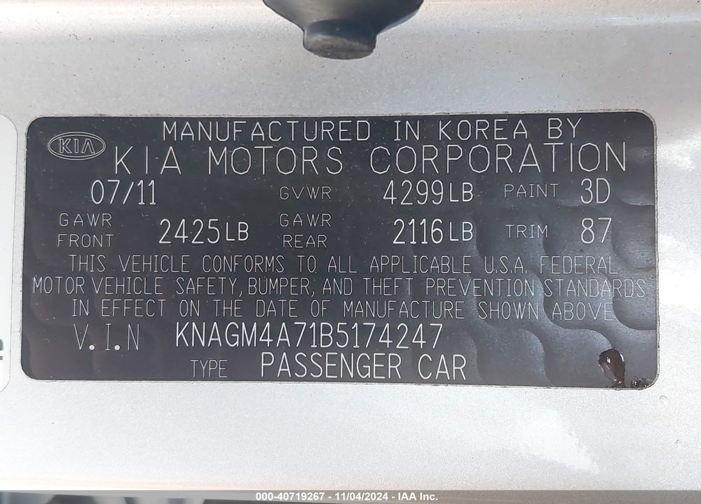 2011 KIA OPTIMA LX VIN: KNAGM4A71B5174247