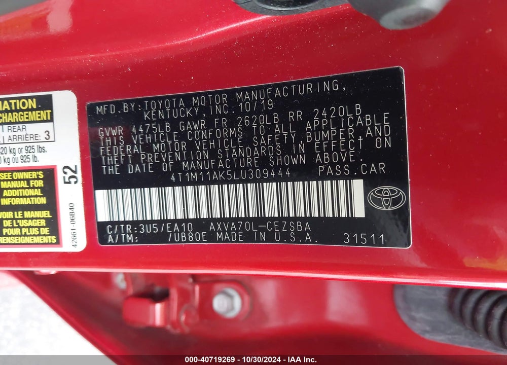 2020 TOYOTA CAMRY SE VIN: 4T1M11AK5LU309444