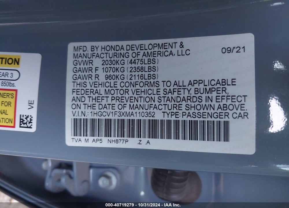 2021 HONDA ACCORD SPORT VIN: 1HGCV1F3XMA110352