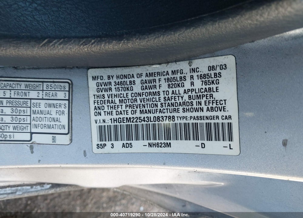 2003 HONDA CIVIC LX VIN: 1HGEM22543L083788