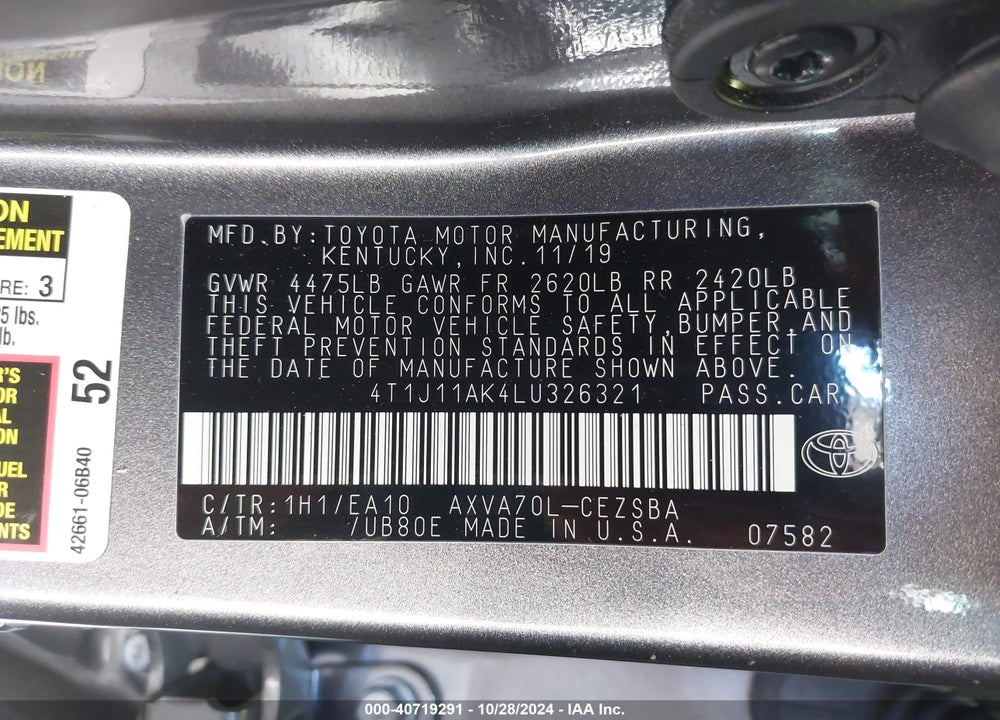 2020 TOYOTA CAMRY SE VIN: 4T1J11AK4LU326321