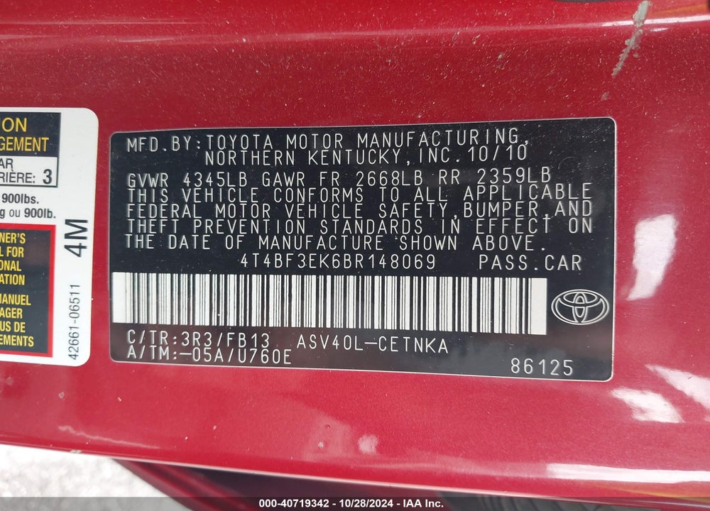 2011 TOYOTA CAMRY LE VIN: 4T4BF3EK6BR148069
