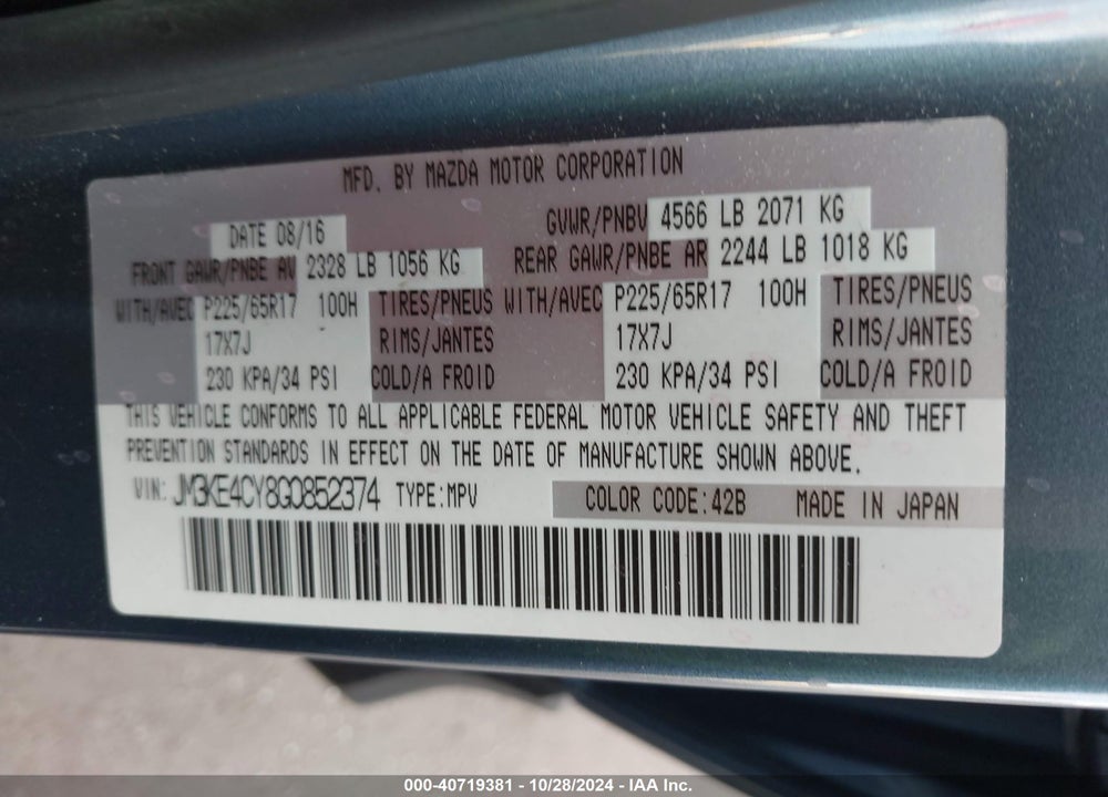 2016 MAZDA CX-5 TOURING VIN: JM3KE4CY8G0852374