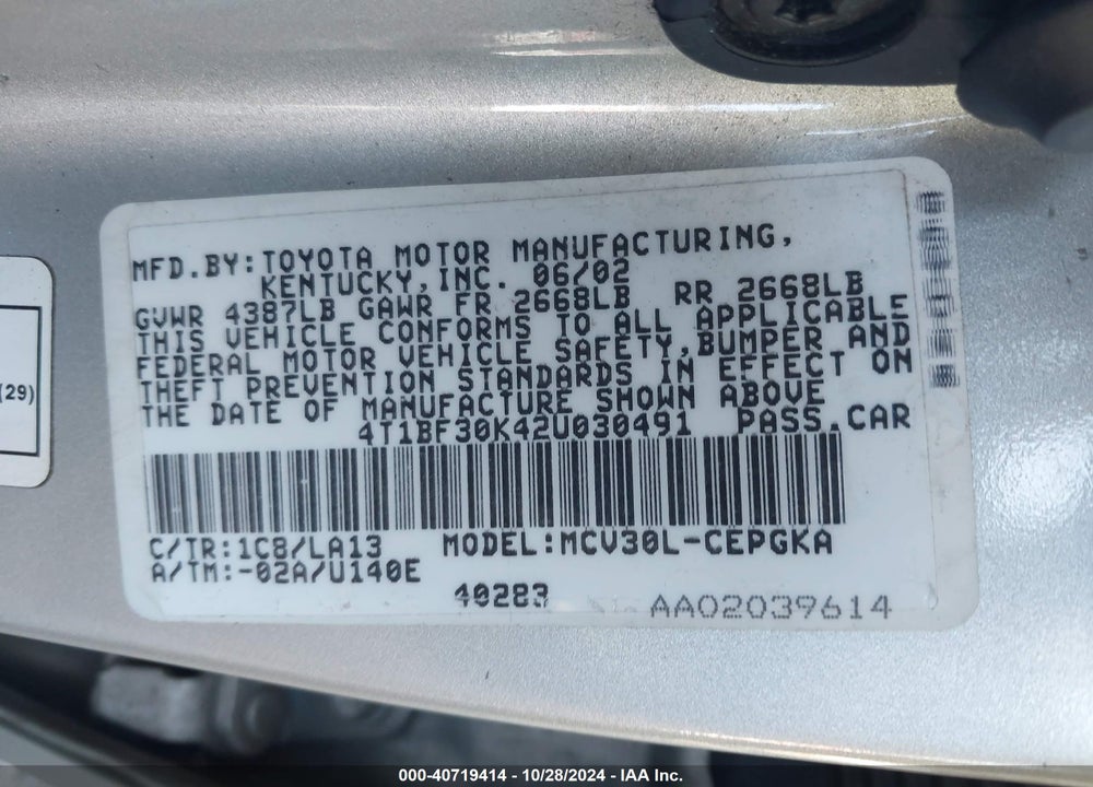 2002 TOYOTA CAMRY XLE V6 VIN: 4T1BF30K42U030491