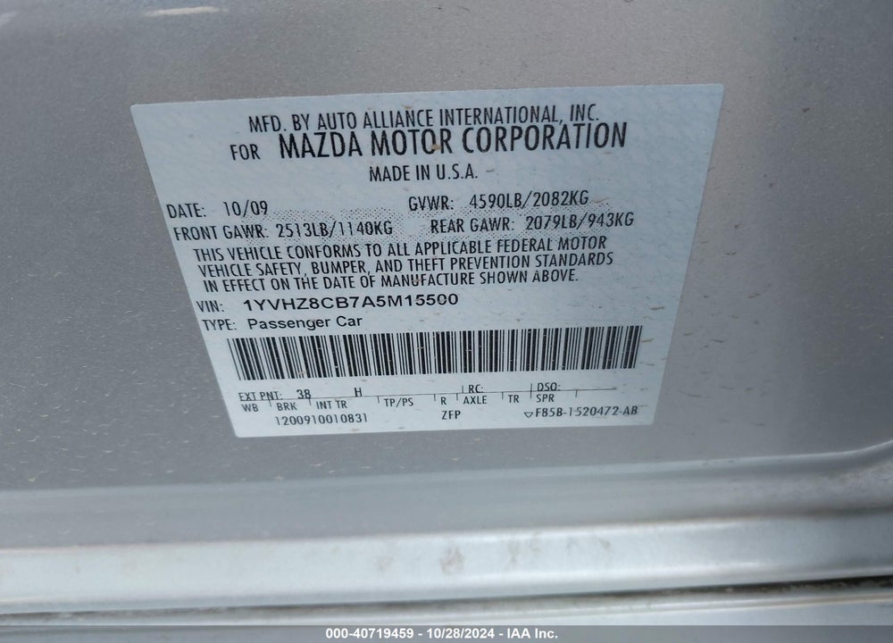 2010 MAZDA 6 S VIN: 1YVHZ8CB7A5M15500