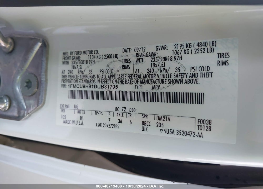 2013 FORD ESCAPE SEL VIN: 1FMCU9H91DUB31795