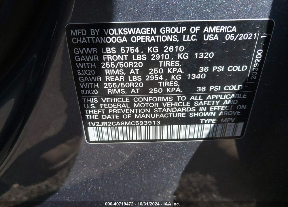 2021 VOLKSWAGEN ATLAS SE VIN: 1V2JR2CA8MC593913